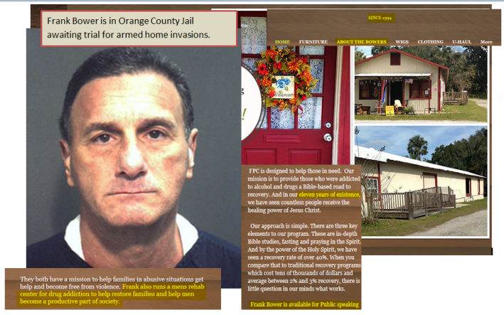 Mugshot of Frank Bower Jr. inset into his FPC Thrift store in Oviedo. Although the website has gone through many changes since Bower's capture there's no mention that he's incarcerated in the nearby Orange County Jail awaiting charges of armed home invasion amongst other charges that carry life sentences. 2014 Naples Ninja News. All rights reserved.