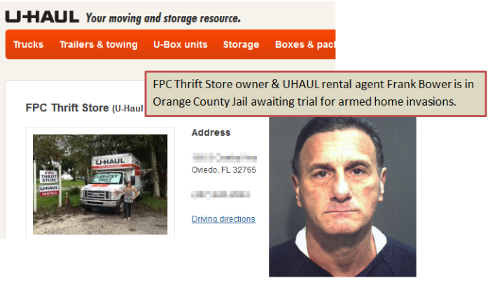 UHAUL continues to provide a fleet of vehicles to Frank Bowers FPC Thrift Shop operation in Oviedo despite the fact he's facing life sentences for his Naples Ninjas armed home invasions in nearby Orange County. 2014 Naples Ninja News. All rights reserved.