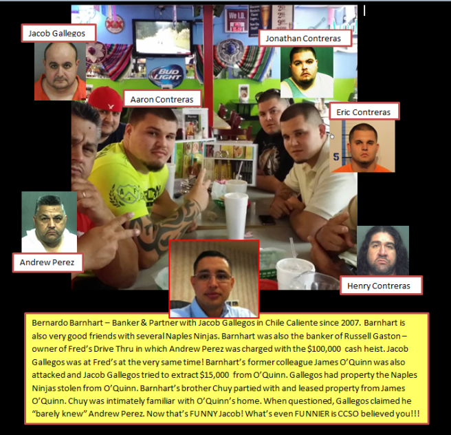 The Contreras brothers Johnathan, Eric and Aaron, their father Henry Contreras, Andrew Perez, and Jacob Gallegos at Chile Caliente in April 2014 a month before the Naples Ninjas capture. Of the group seated only Aaron has not been incarcerated in the past month. Eric is in jail in Texas. Perez, Jonathan and Henry are in Orange County Jail with Frank Bower awaiting trial for their Orange County home invasions. Jacob is out on bail for now. 2014 Naples Ninja News. All rights reserved.