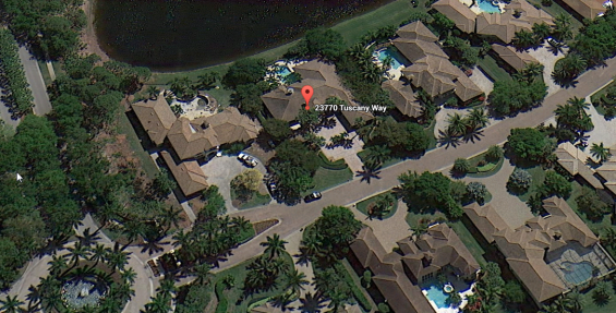 Aerial view of the Vaughn's home in Pelican Landing.  The couple was terrorized by armed thugs in a home invasion in which the senior was tased in the face to get the codes and access to their safes and valuables. 2014 Naples Ninja News. All rights reserved. Courtesy GOOGLE Images.